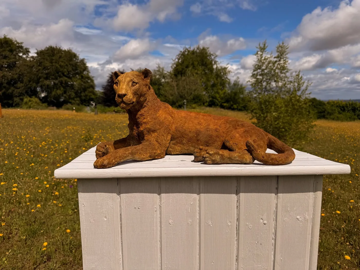 A big cat sculpture set among the vineyard rows at High Clandon